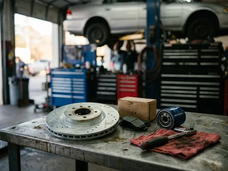 New brake rotor, brake pads and an oil filter on a garage workbench, ready for auto parts delivery across the GTA