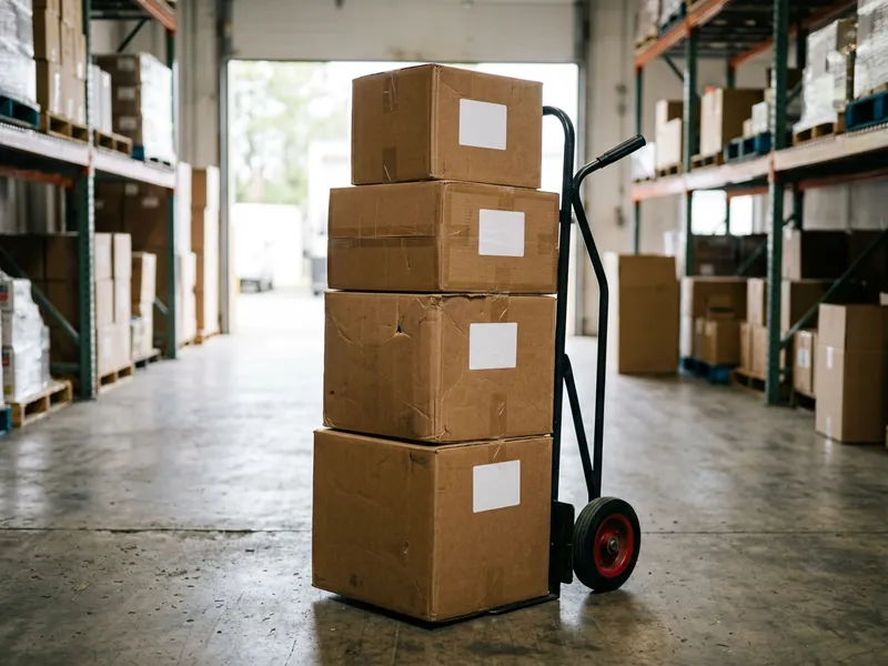 Taped shipping boxes stacked on a hand truck in a warehouse, ready for business courier delivery in Toronto