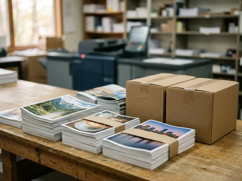 Banded stacks of freshly printed flyers and brochures beside sealed boxes in a print shop, ready for printing delivery