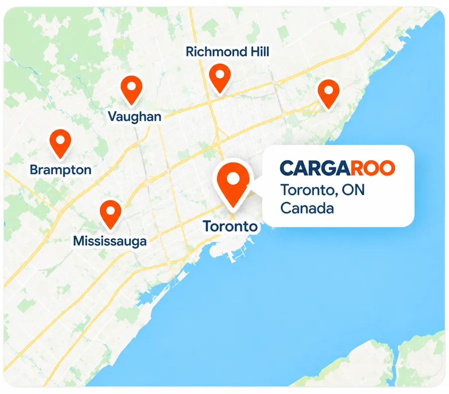 Map of the Cargaroo courier service area with pins on Brampton, Mississauga, Toronto, Vaughan and Richmond Hill
