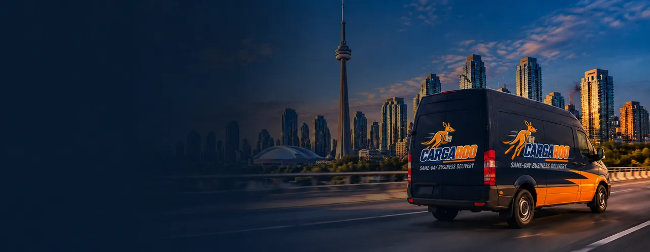 Cargaroo same-day delivery van driving past the Toronto skyline at dusk
