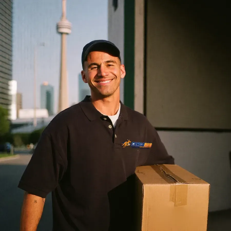 Smiling courier carrying a parcel, with the CN Tower behind him in downtown Toronto