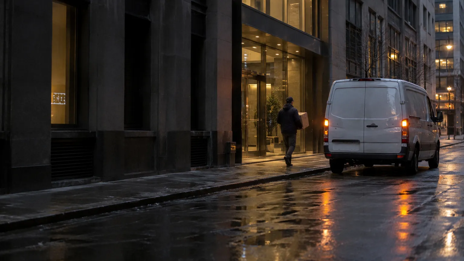 Courier carrying a parcel to an office entrance on a Toronto street at dusk