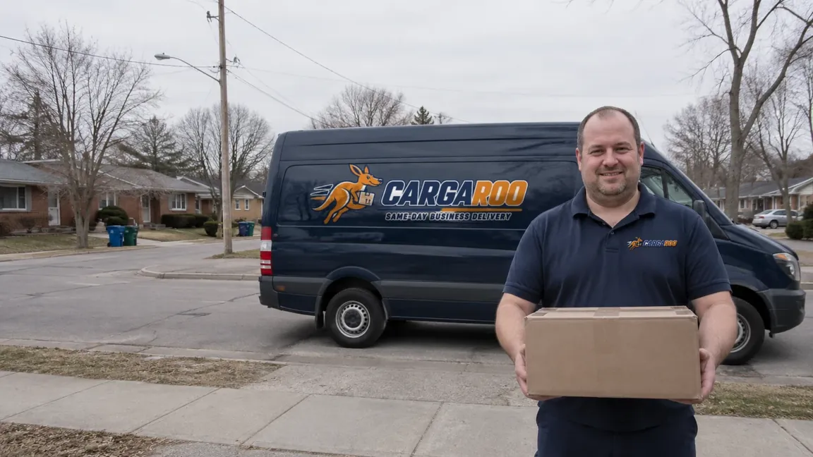 Courier holding a parcel beside a delivery van