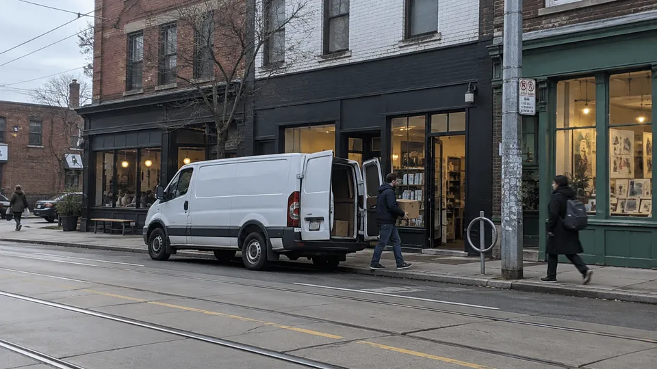 Courier carrying a box from a delivery van into a shop on a Toronto street
